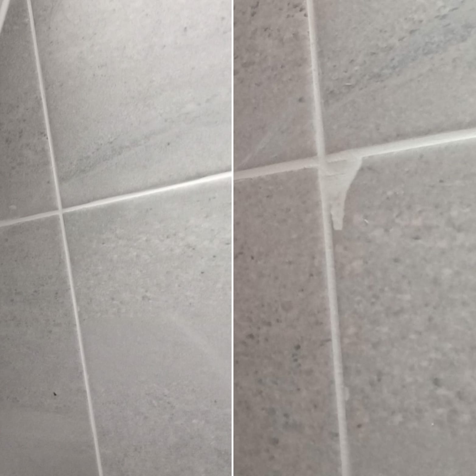 Before and after photos of a chipped grey ceramic tile corner repair.