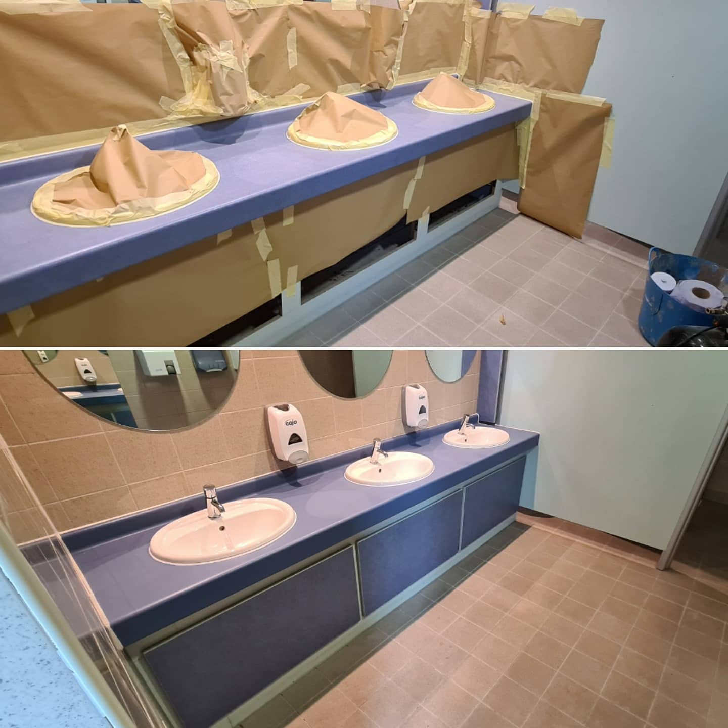 Before and after masking and repair of a commercial blue vanity worktop and three inset sinks.