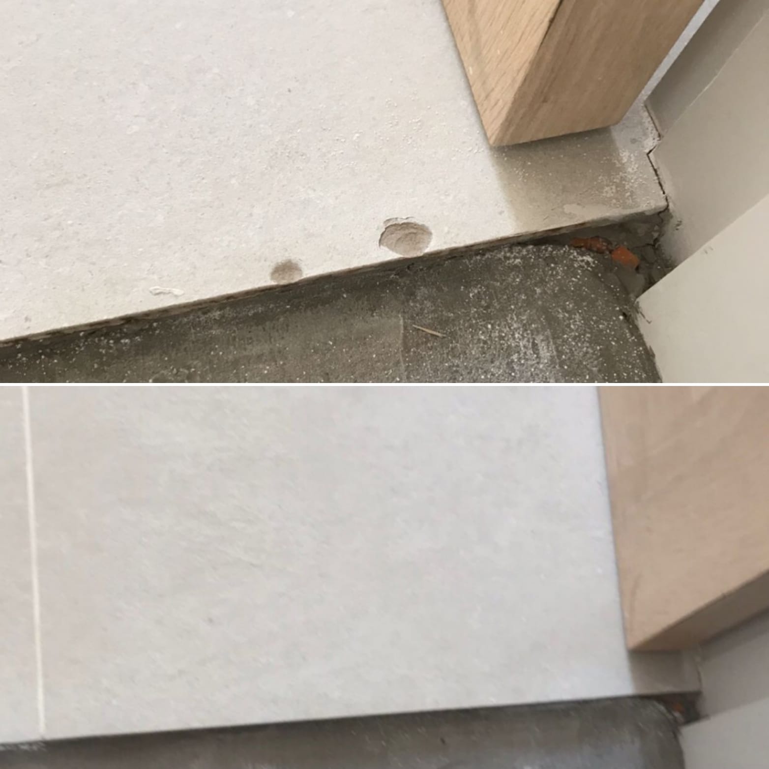 Before and after photos of a chipped floor tile edge repaired to a seamless finish next to a wooden door frame.