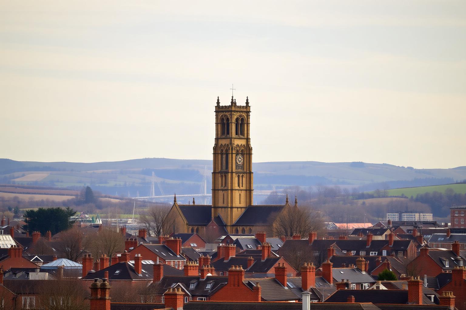 Blackburn skyline with the historic stone Blackburn Cathedral tower rising above red-brick Lancashire townscape and rolling hills.