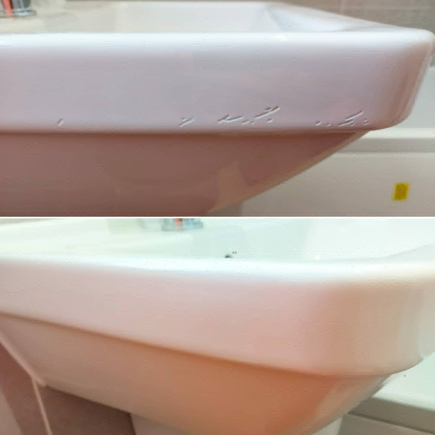 Before and after photos showing various chips on the front edge of a ceramic white bathroom sink being repaired.