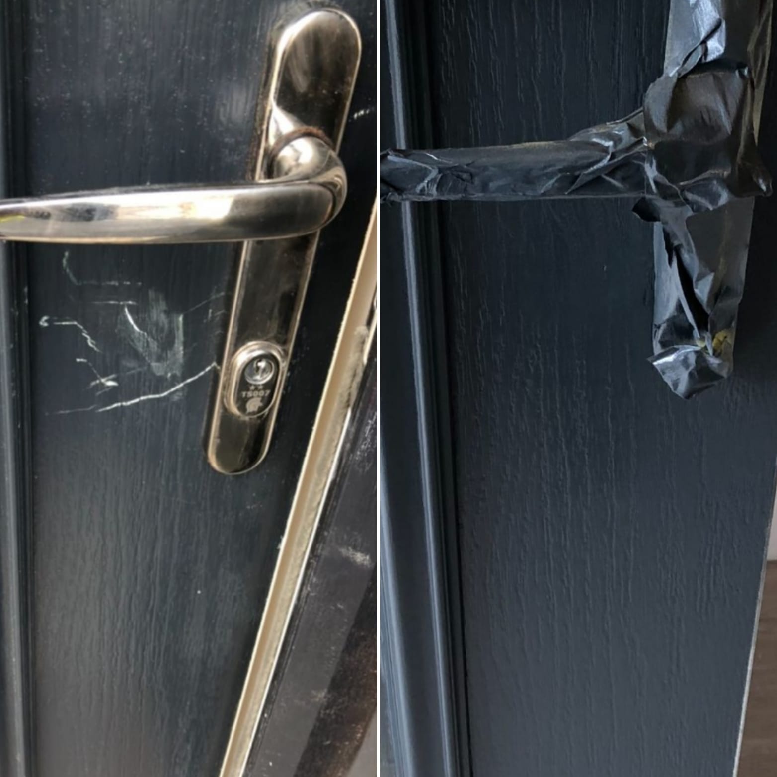 Before and after repair of deep scratches on a dark grey composite door near the handle.