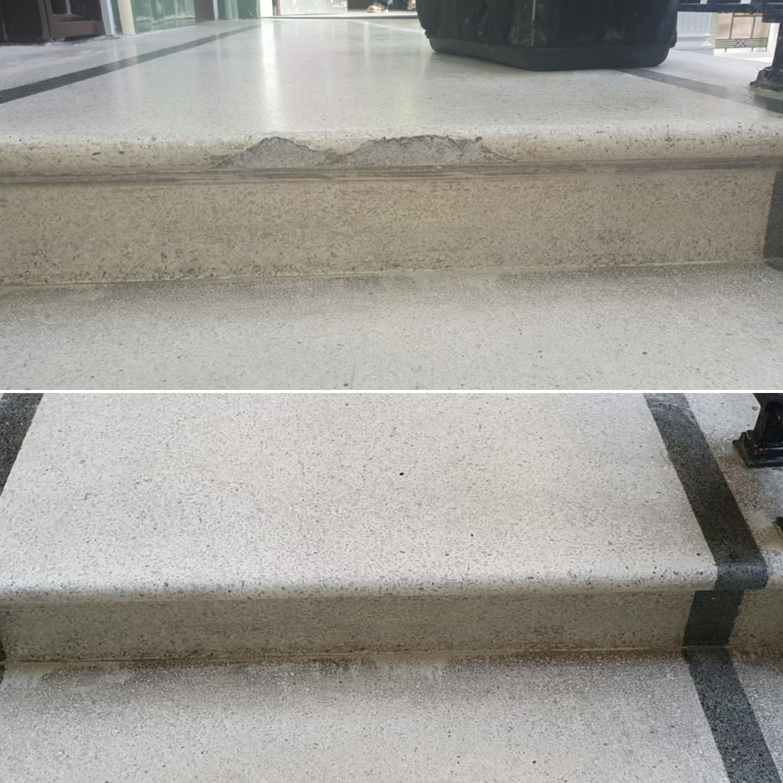 Before and after views of a large chip repair on the edge of a light-coloured stone or terrazzo step.