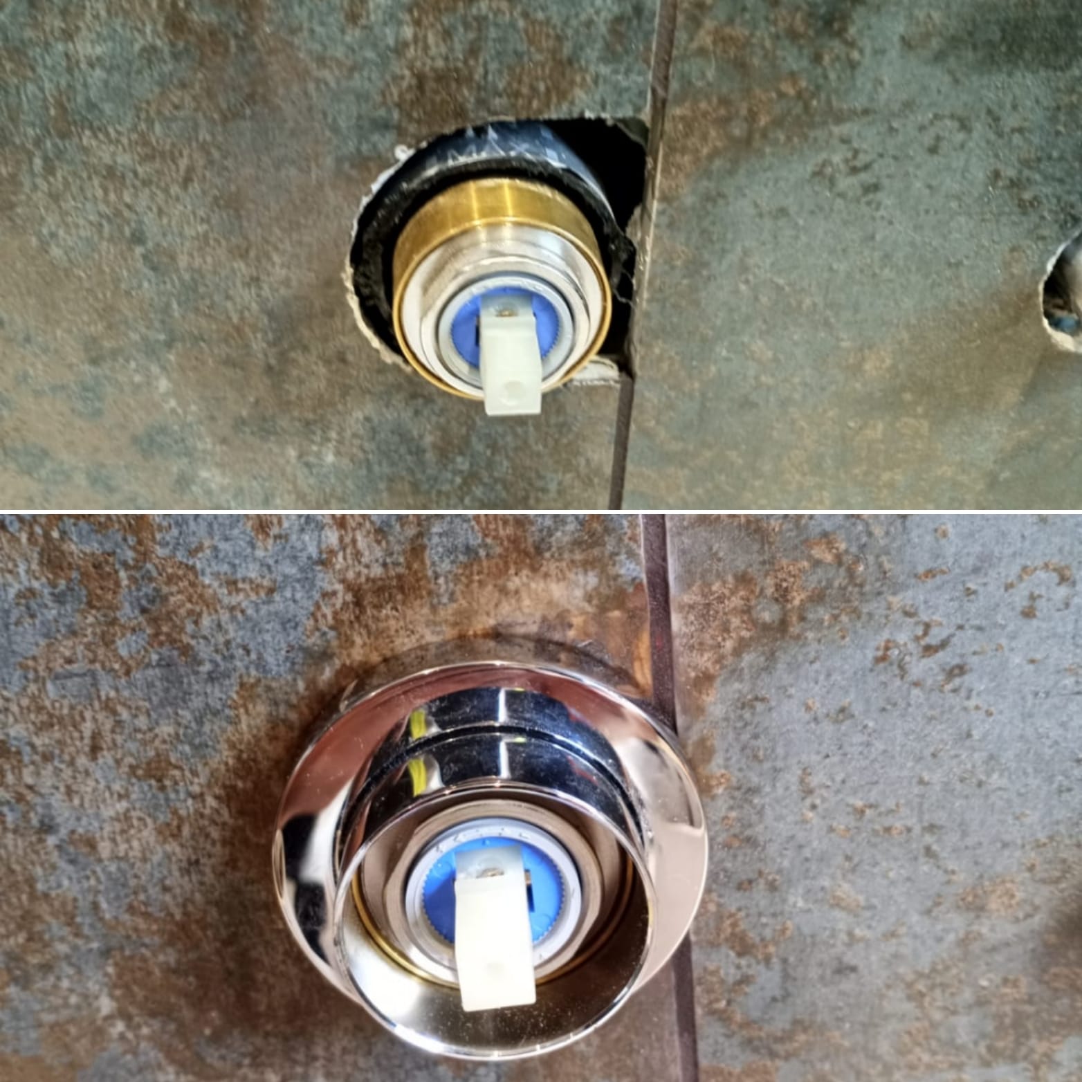 Before and after of a hole cut in slate-effect tiles for a shower valve, repaired with a chrome cover plate.