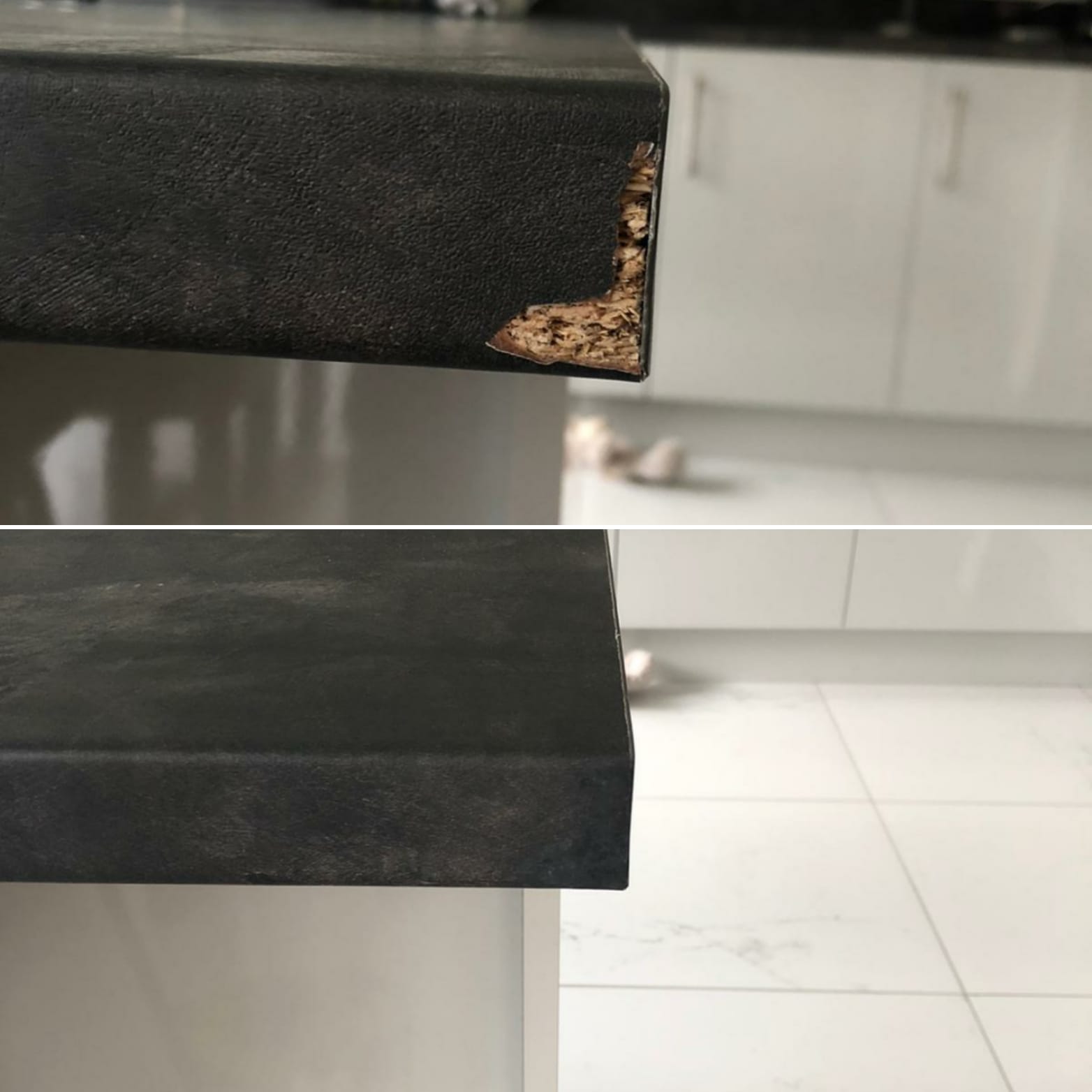 Before and after of a chipped dark grey laminate kitchen worktop corner repair.