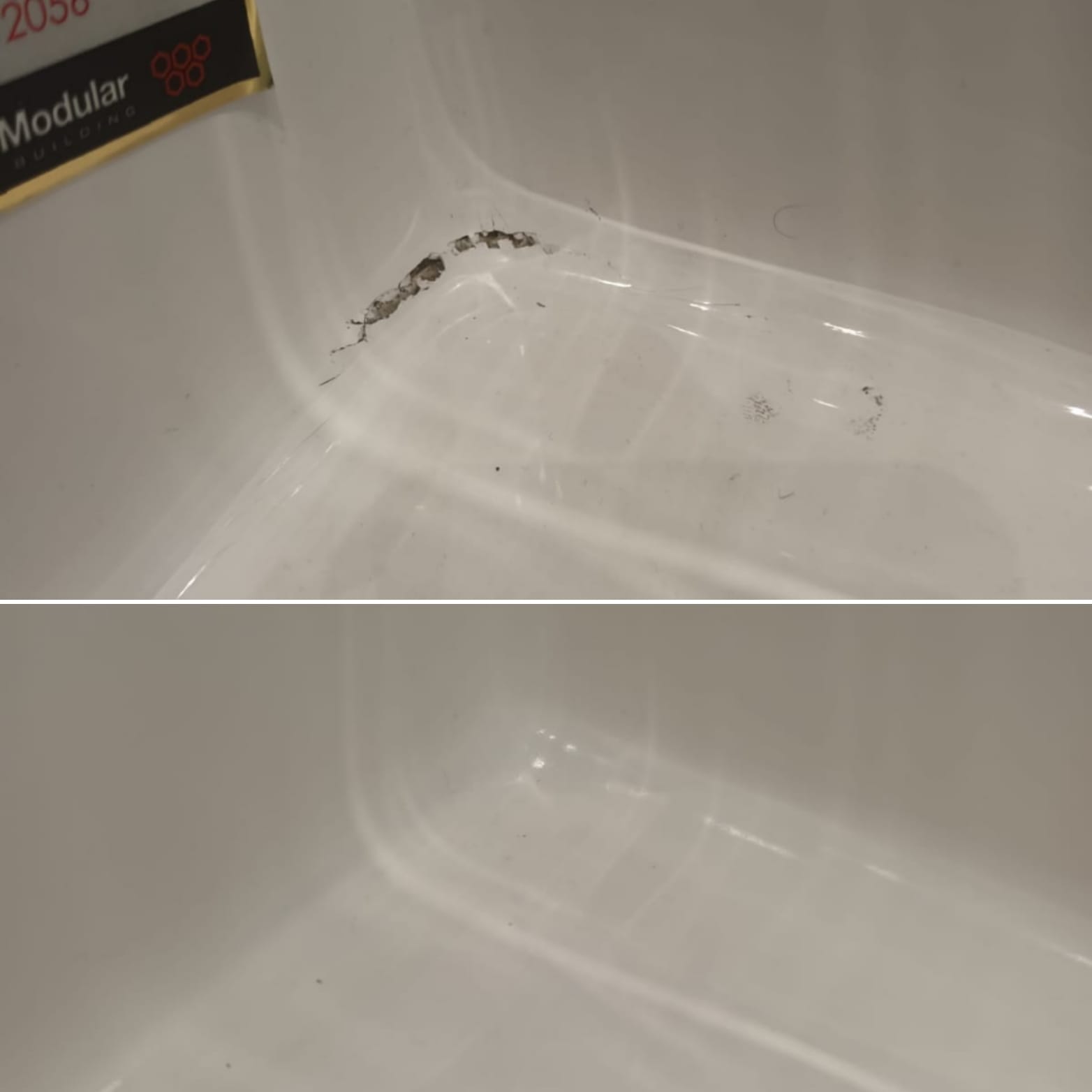 Before and after of a large crack repair in the corner of a white acrylic shower tray.
