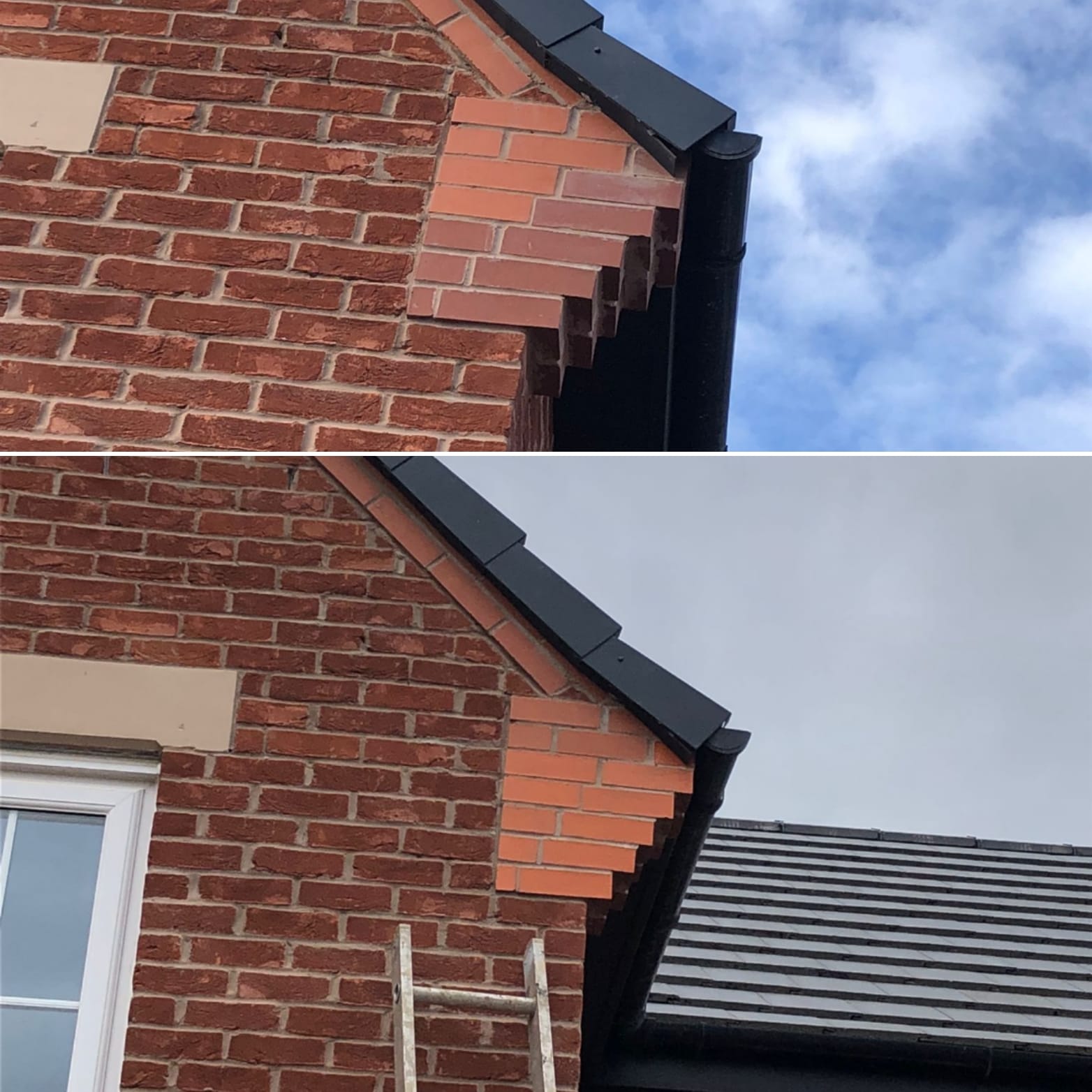 Before and after restoration of damaged external brickwork cladding on the gable end of a house.