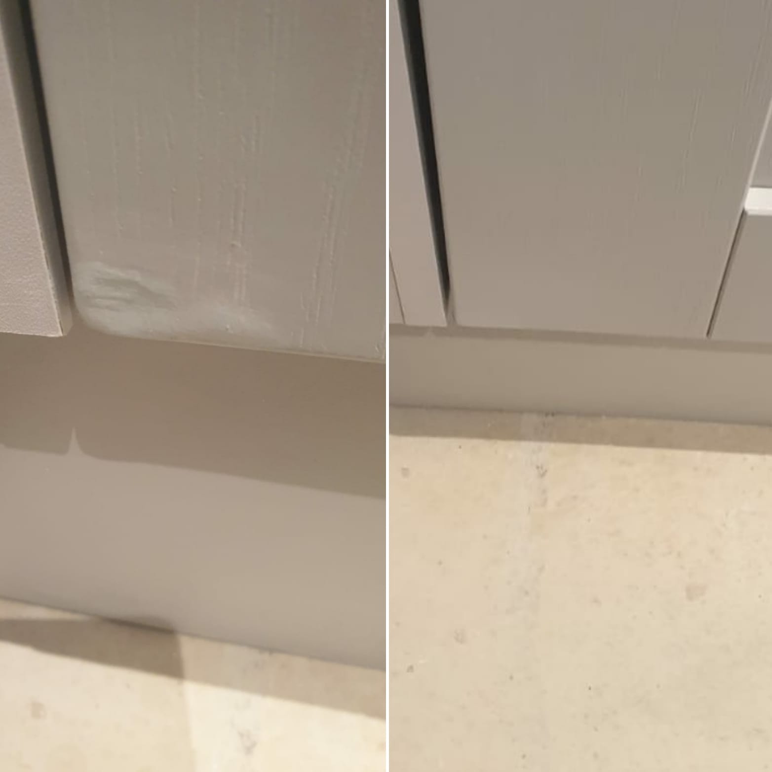 Before and after repair of water damage and swelling on the bottom edge of a grey kitchen cabinet door.