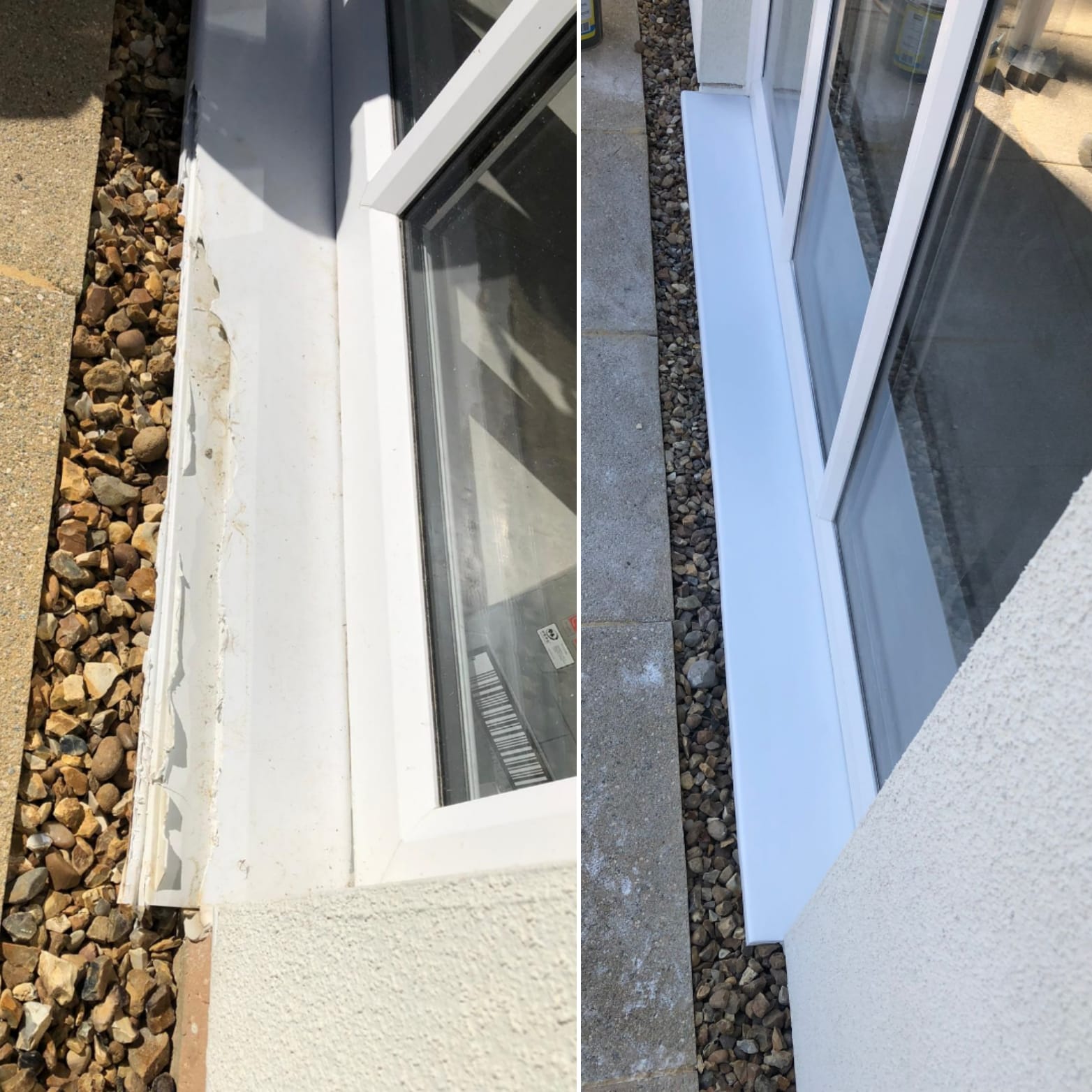 Before and after of a damaged white external window sill repair.