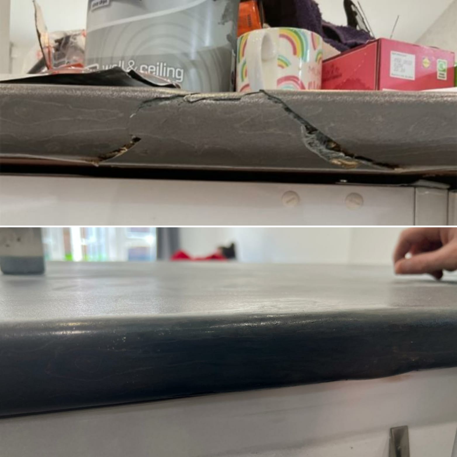 Before and after repair of a large crack and chip on the bullnose edge of a grey laminate kitchen worktop.