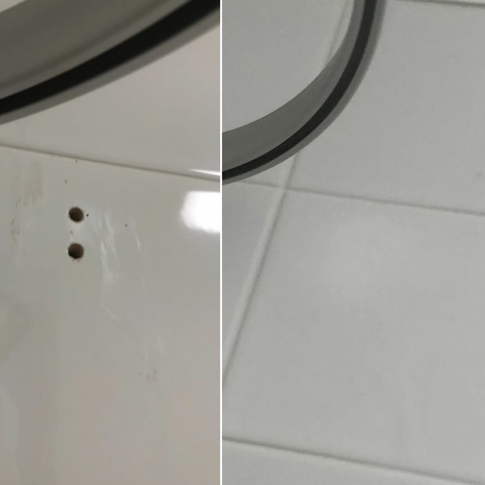 Before and after repair of two drill holes in white ceramic wall tiles.
