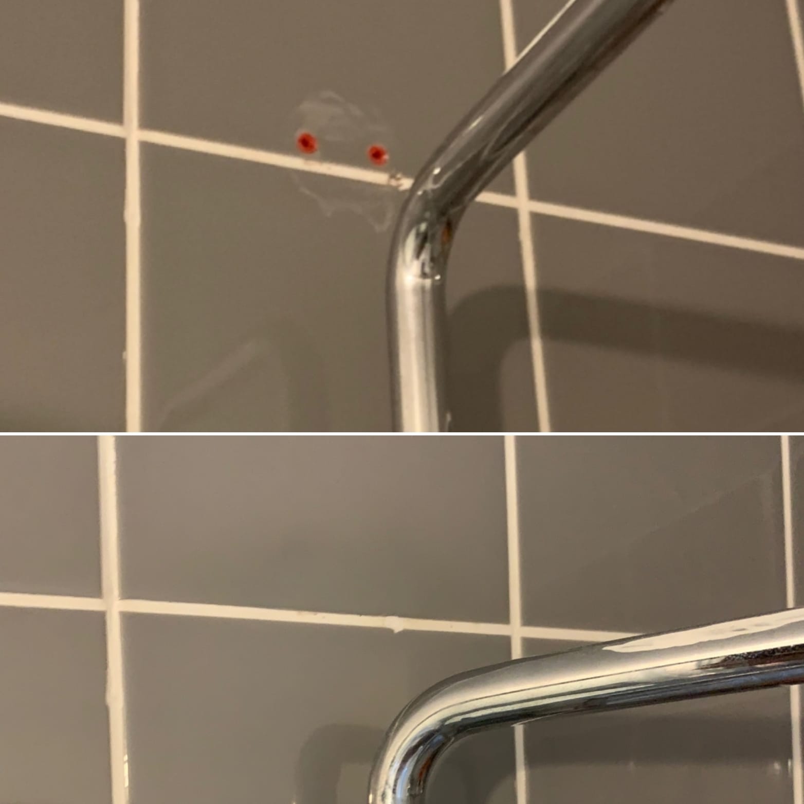 Before and after showing drill hole repairs in grey wall tiles behind a bathroom towel rail.
