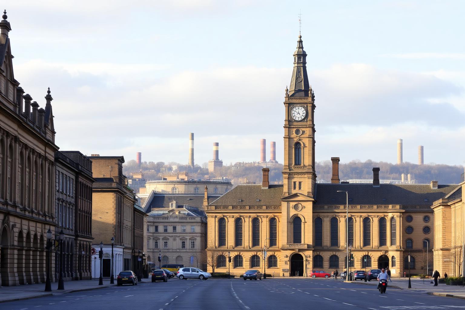 Bradford city centre with grand Victorian sandstone civic buildings and historic Yorkshire mill chimneys on the skyline.