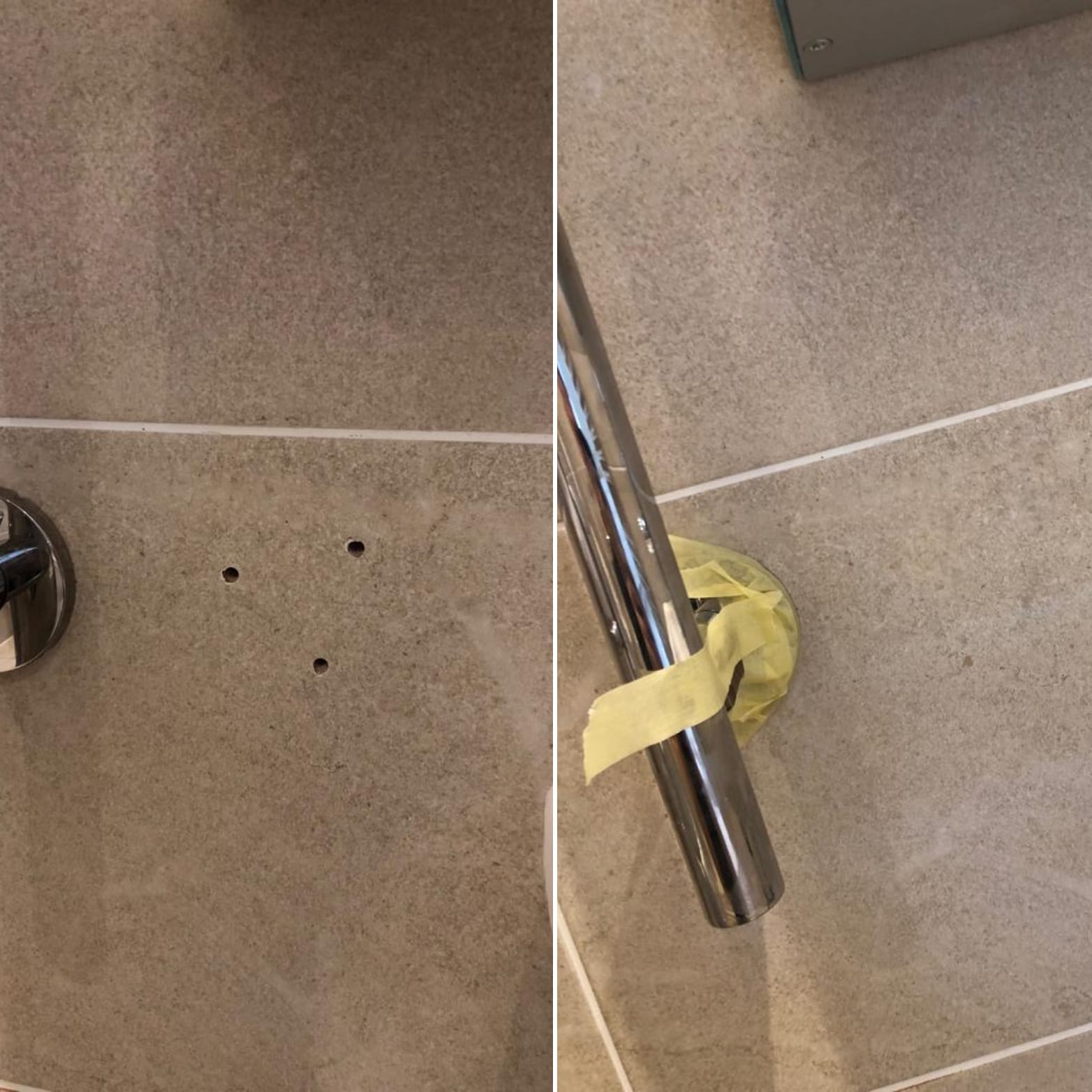 Before and after of drill holes in a beige bathroom tile being invisibly repaired behind a chrome towel rail.