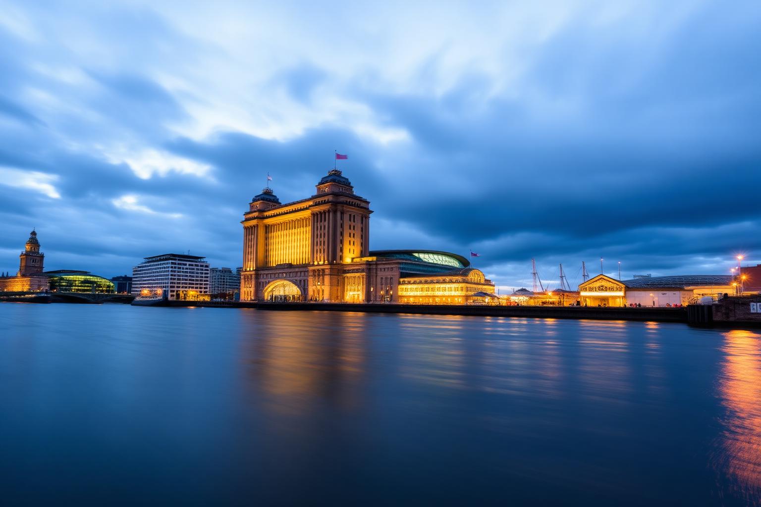 Liverpool waterfront — the Royal Liver Building and Pier Head Three Graces above the River Mersey at dusk.