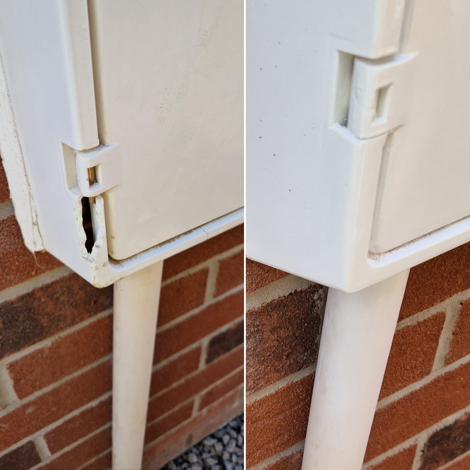 Before and after repair of a damaged white plastic utility meter box hinge on a brick wall.