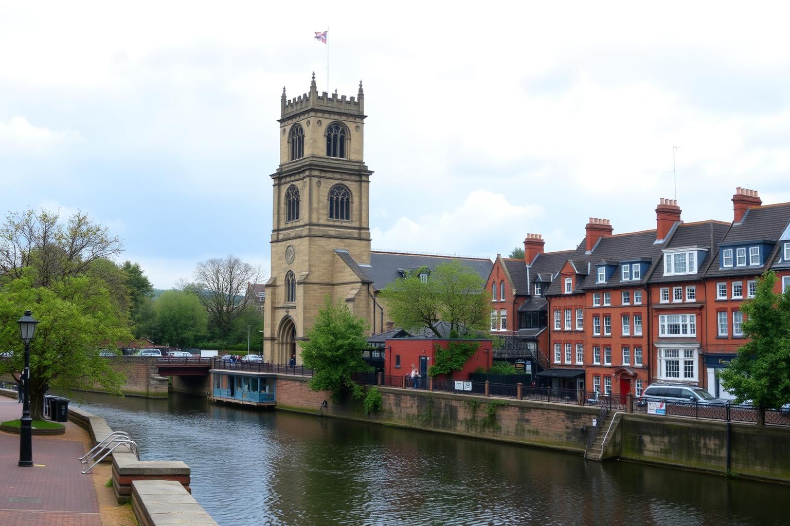 Warrington town centre showing a historic stone parish church tower beside the River Mersey and Victorian red-brick buildings.