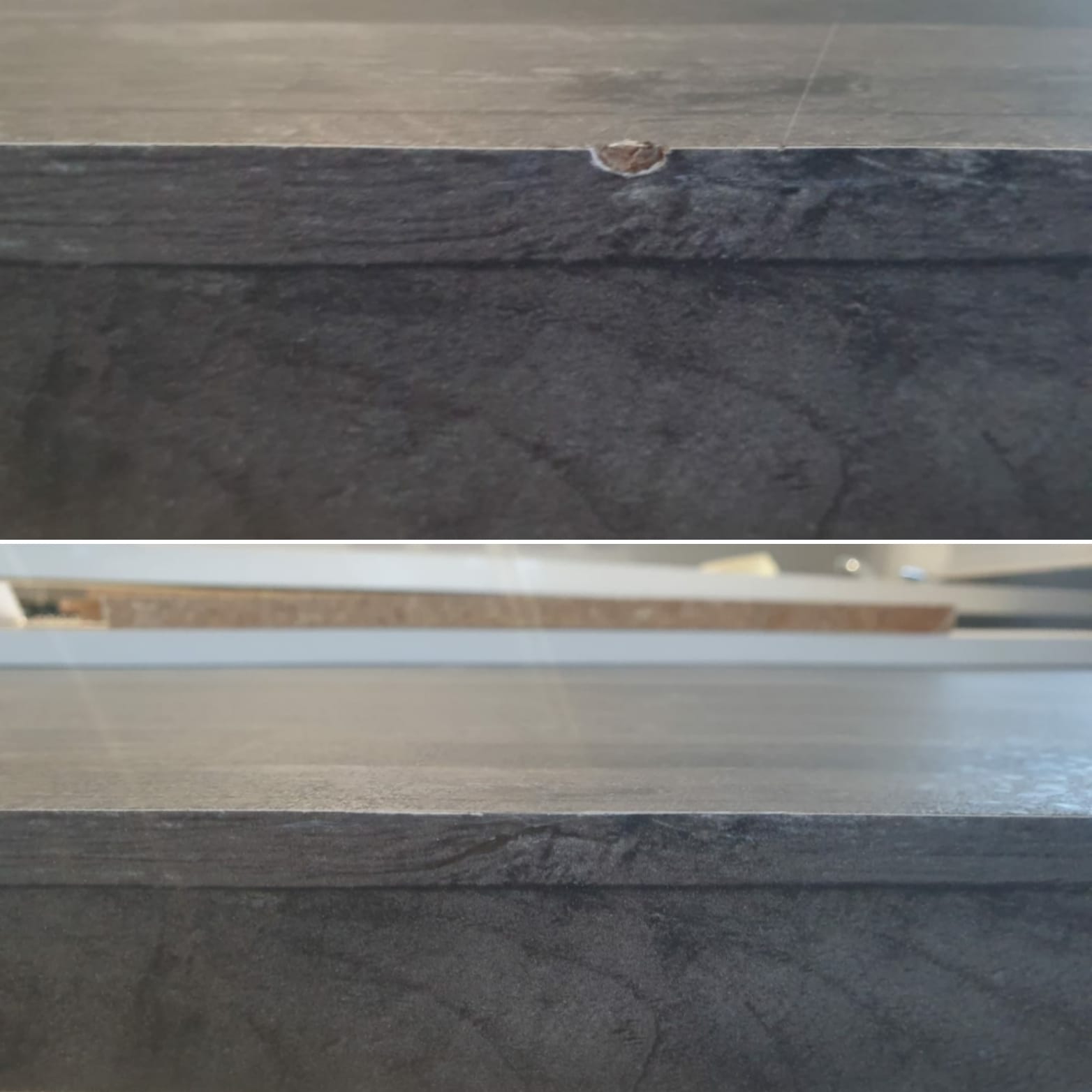 Before and after of a chipped edge on a dark grey stone-effect laminate worktop showing a seamless repair.