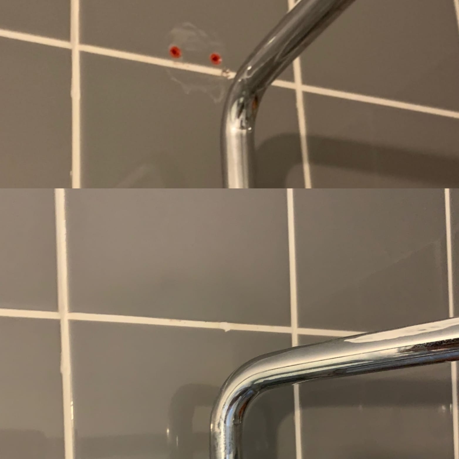 Before and after repair of drill holes in grey ceramic wall tiles behind a chrome towel rail.