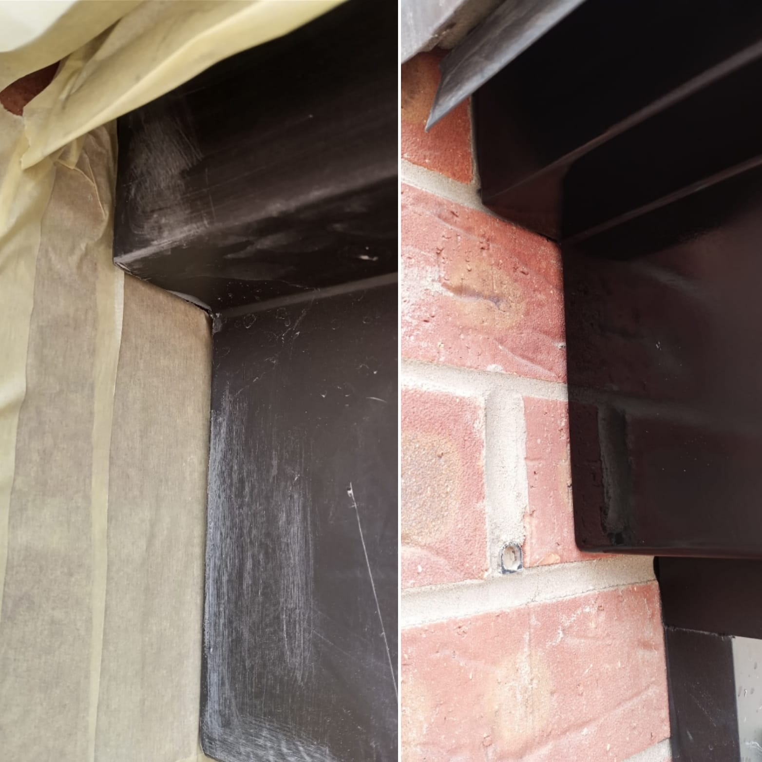 Before and after repair of a scuffed black external cladding panel or lintel against a brick wall.