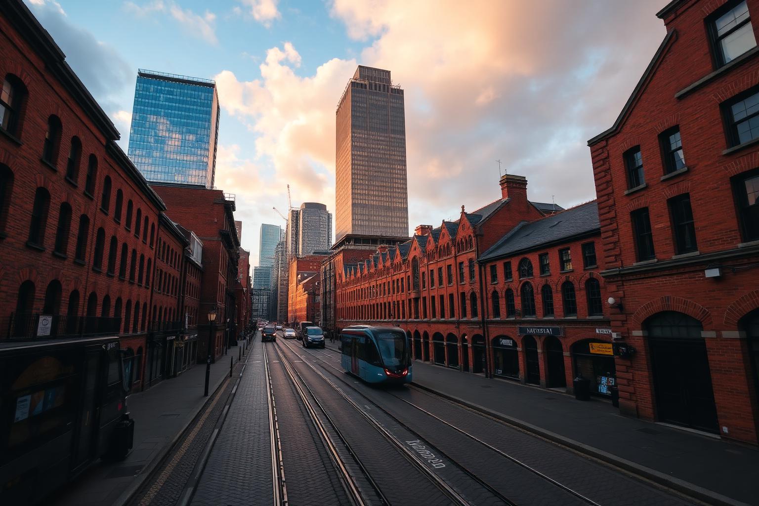 Manchester city centre — modern skyscrapers rising beside Victorian red-brick warehouses with tram lines on cobbled streets.