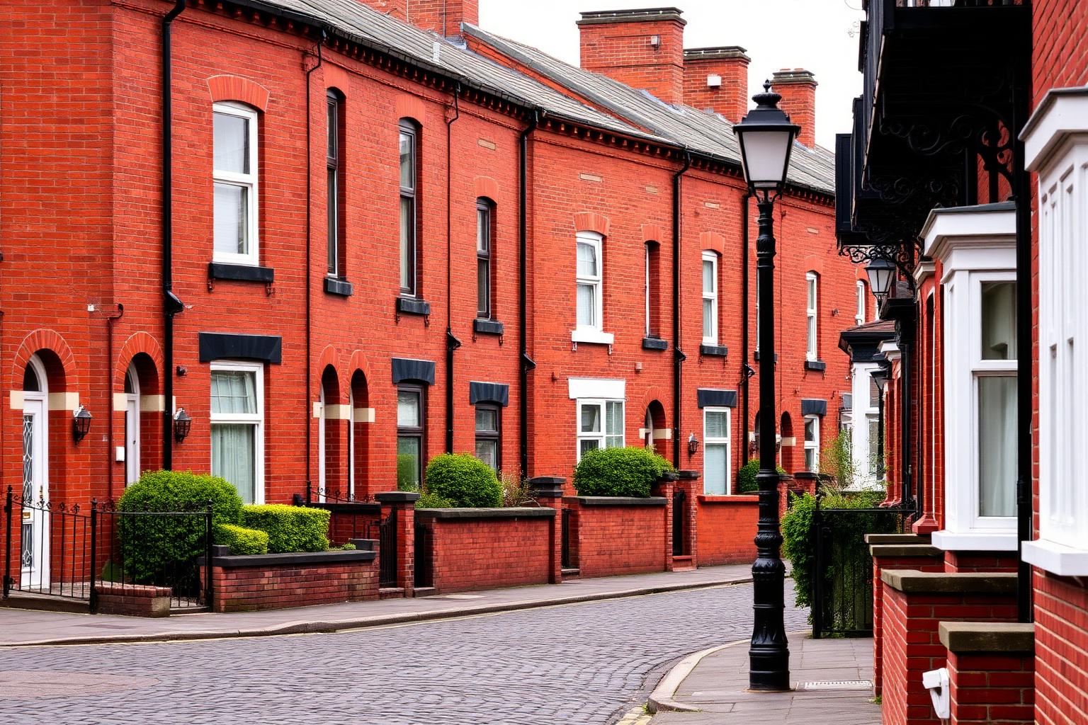 Wigan red-brick Victorian terraced houses on a quiet cobbled residential street with cast iron lamp posts.