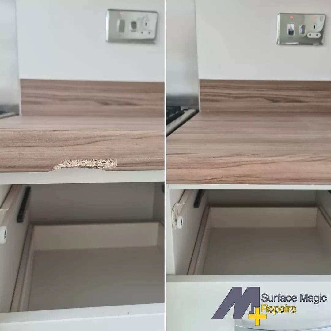 Before and after of a chipped wood-effect laminate worktop edge professionally repaired to look like new.