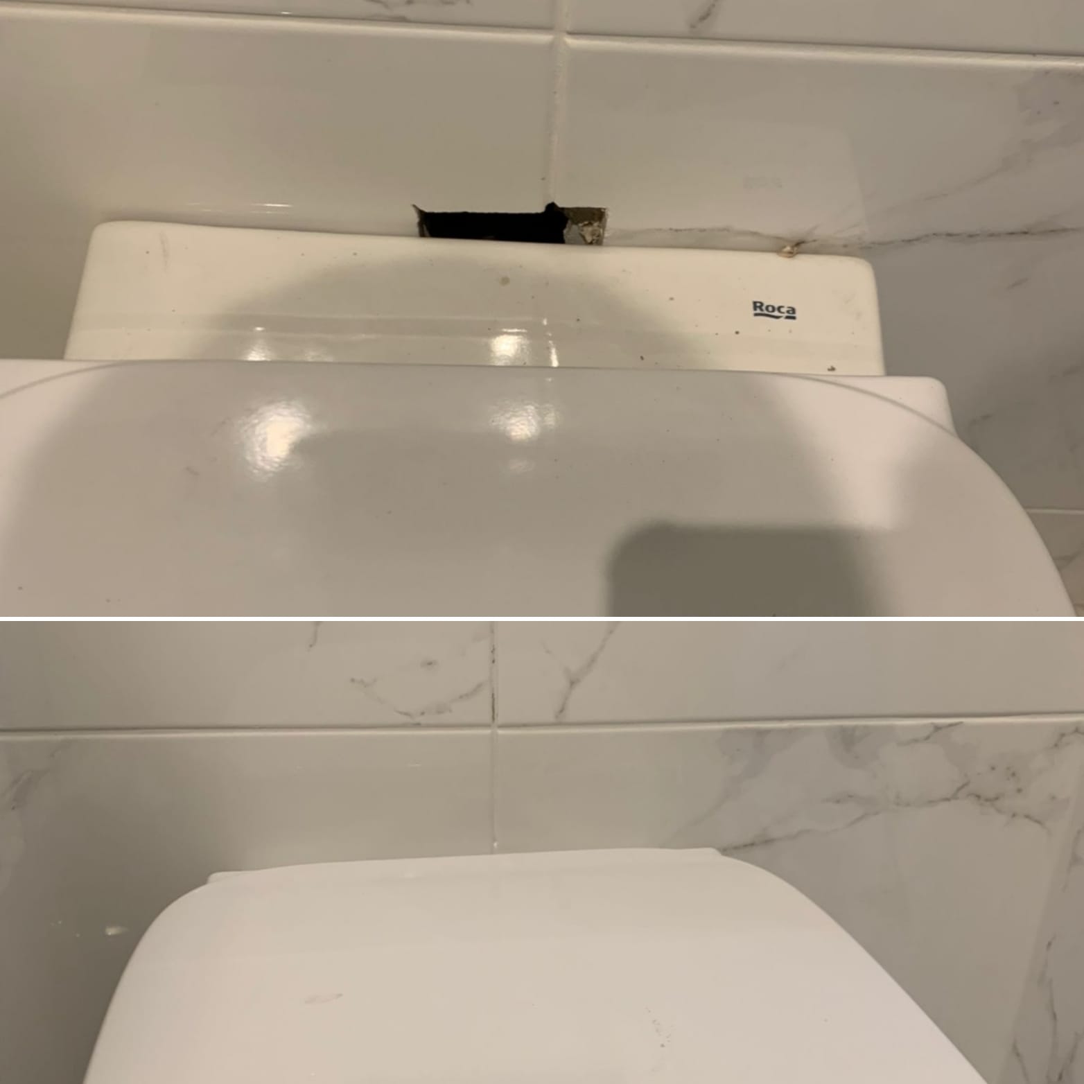 Before and after of a hole repair in a white marble-effect wall tile behind a toilet cistern.