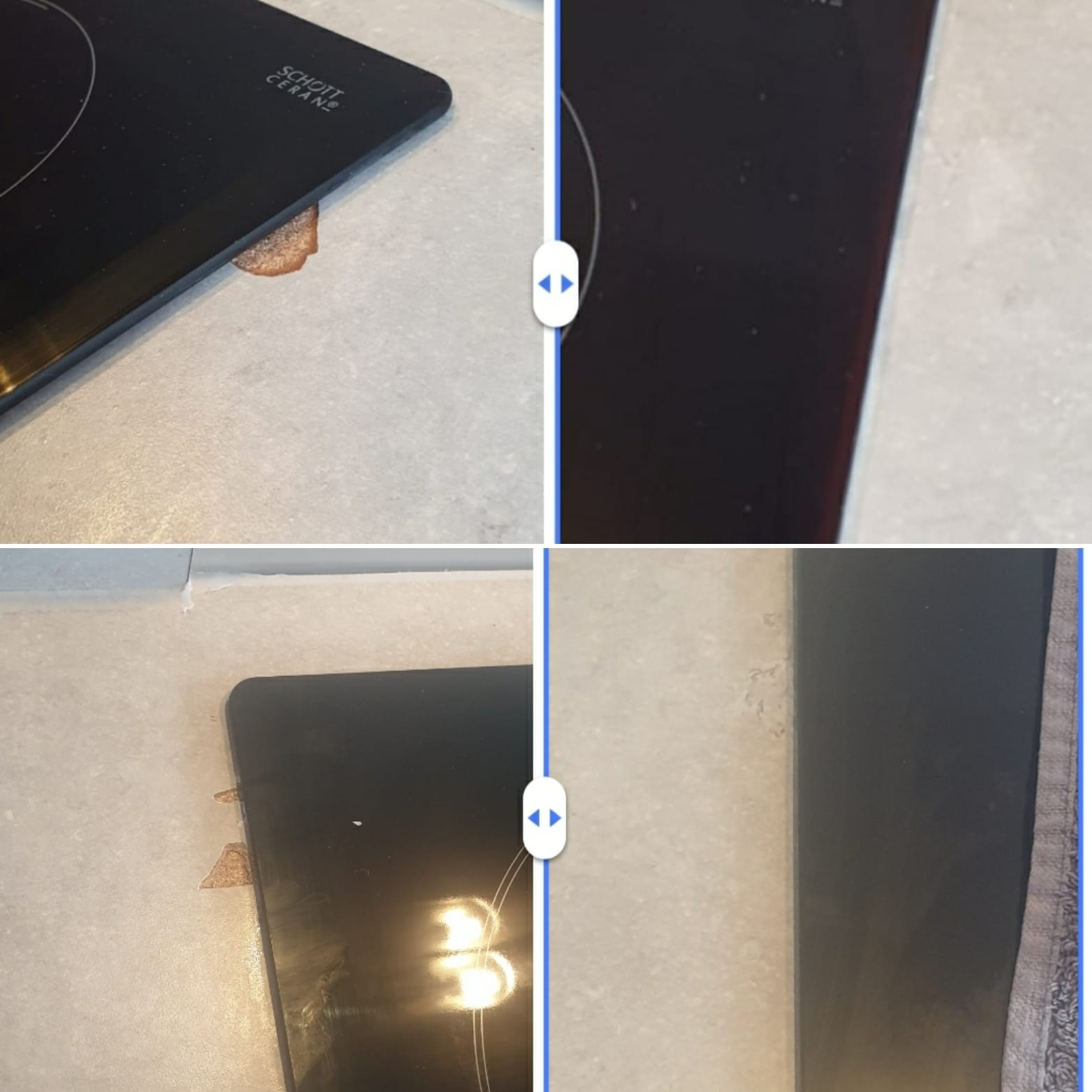 Before and after repair of a large chip on a stone-effect kitchen worktop next to an induction hob.